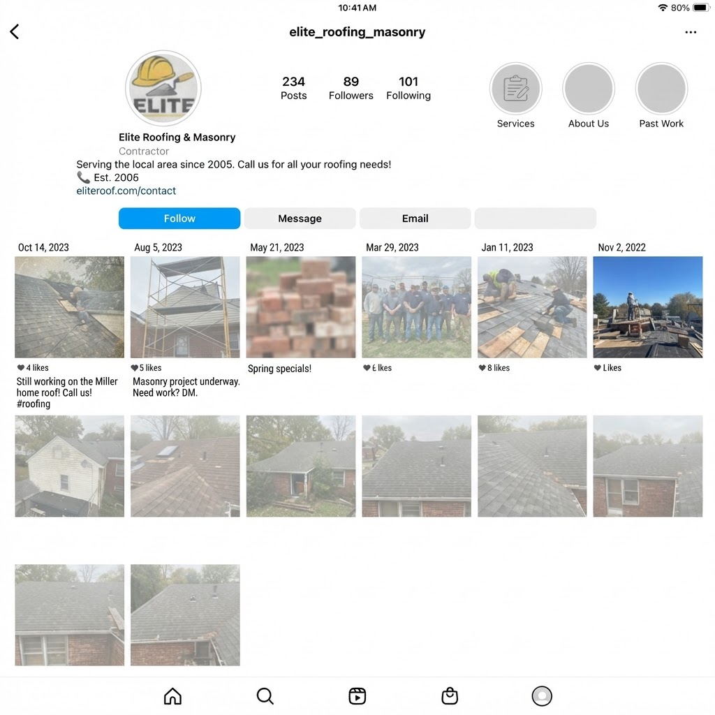 A neglected, inactive Instagram business page for a local trades company with no recent posts, looking quiet and abandoned