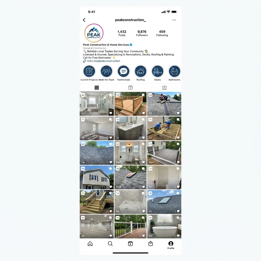 An active, well-kept Instagram business page for a local trades company with recent weekly posts showing real job photos