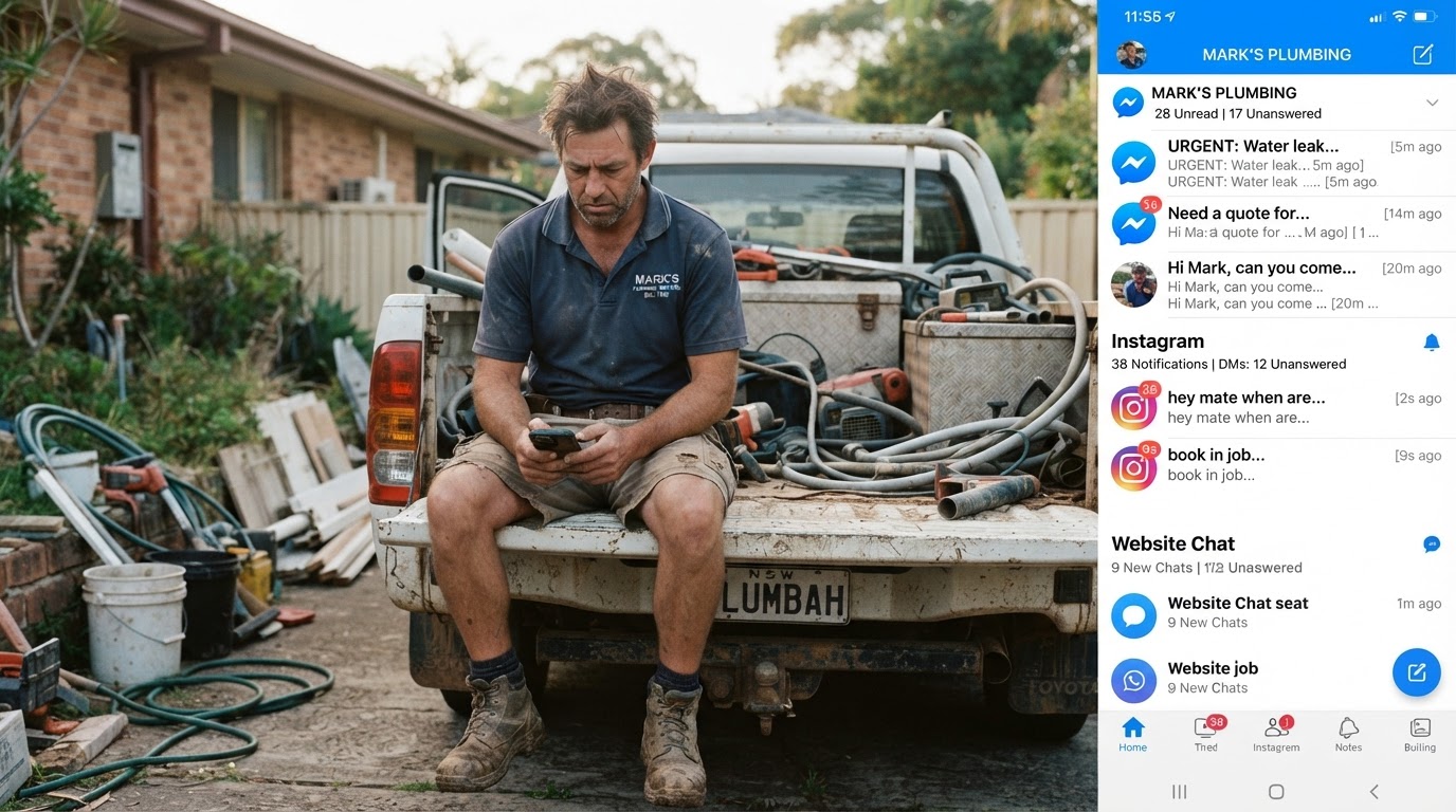 A home services tradie on the tools, glancing at his phone stacked with unanswered Facebook, Instagram and website chat messages piling up with no replies