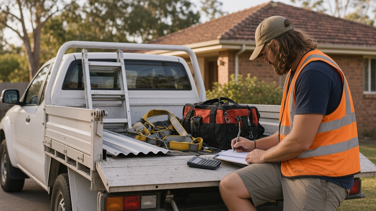 Australian tradie doing paperwork on ute