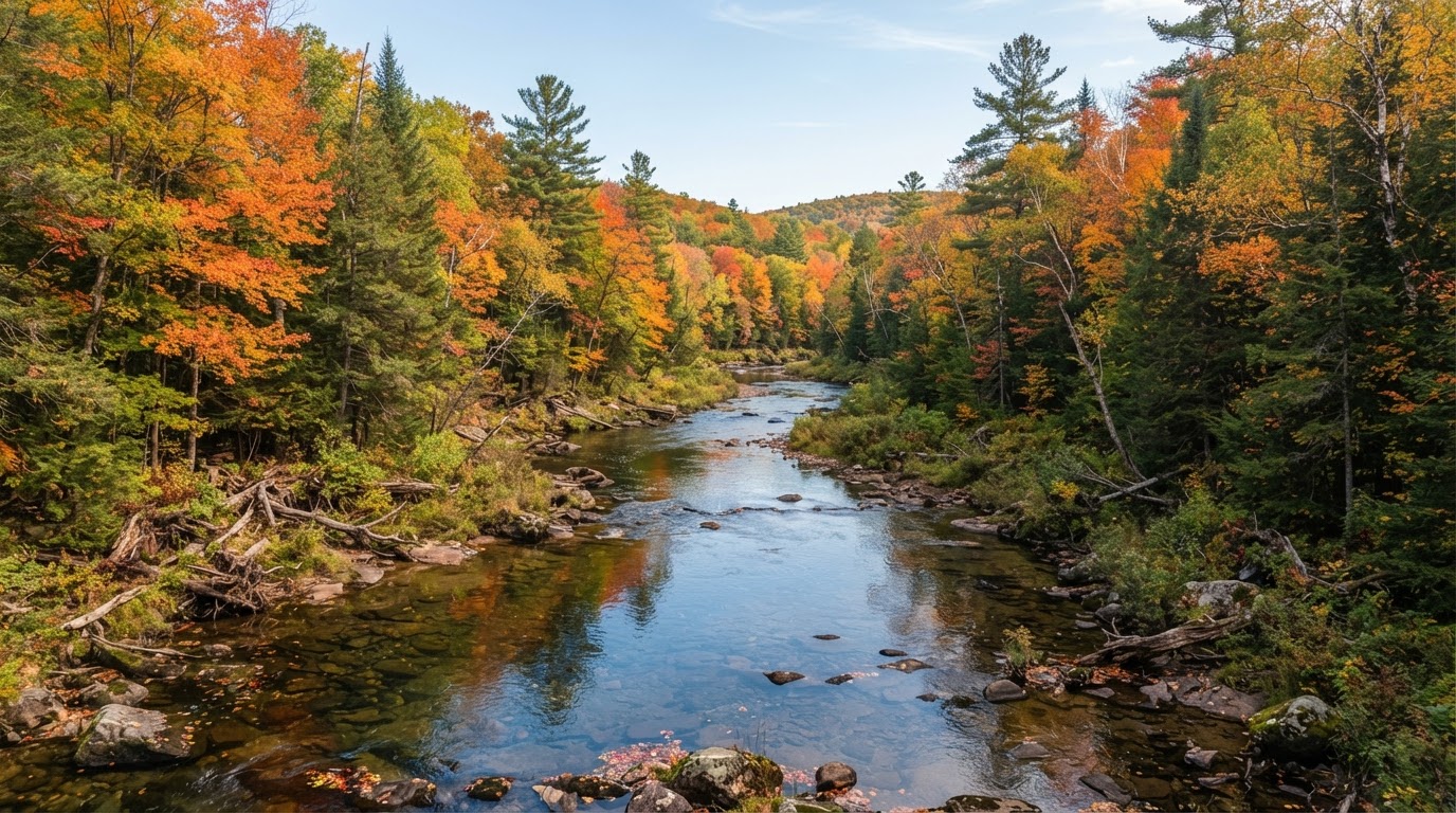 Hardwood and pine forest in vibrant autumn color