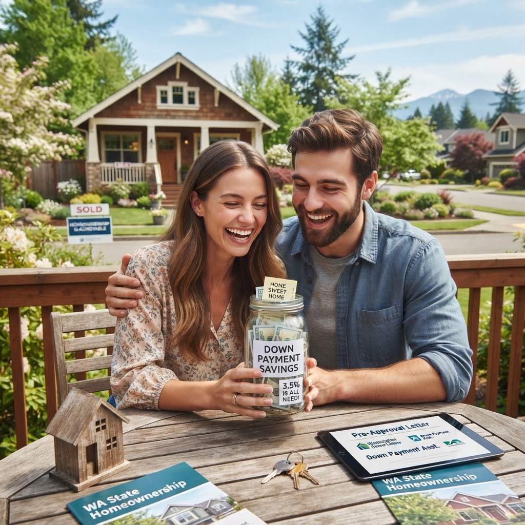 A young couple in Washington State looking at a down payment savings jar and a small house, representing low down payment options