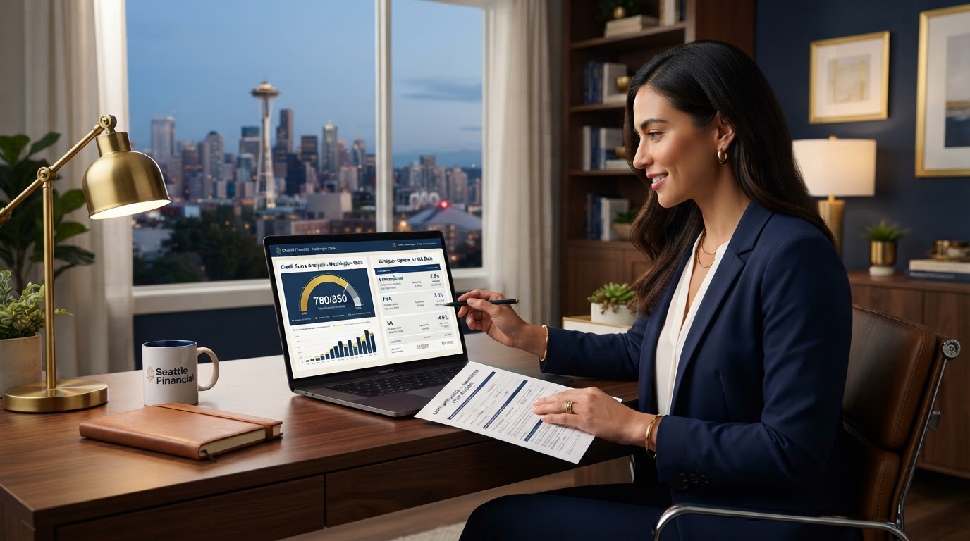 A person reviewing their credit score on a laptop with a mortgage application, representing how credit affects mortgage options in Washington State