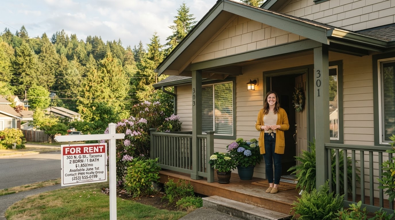 A young teacher standing in the doorway of a duplex in Tacoma, Washington, with a For Rent sign on the adjacent unit