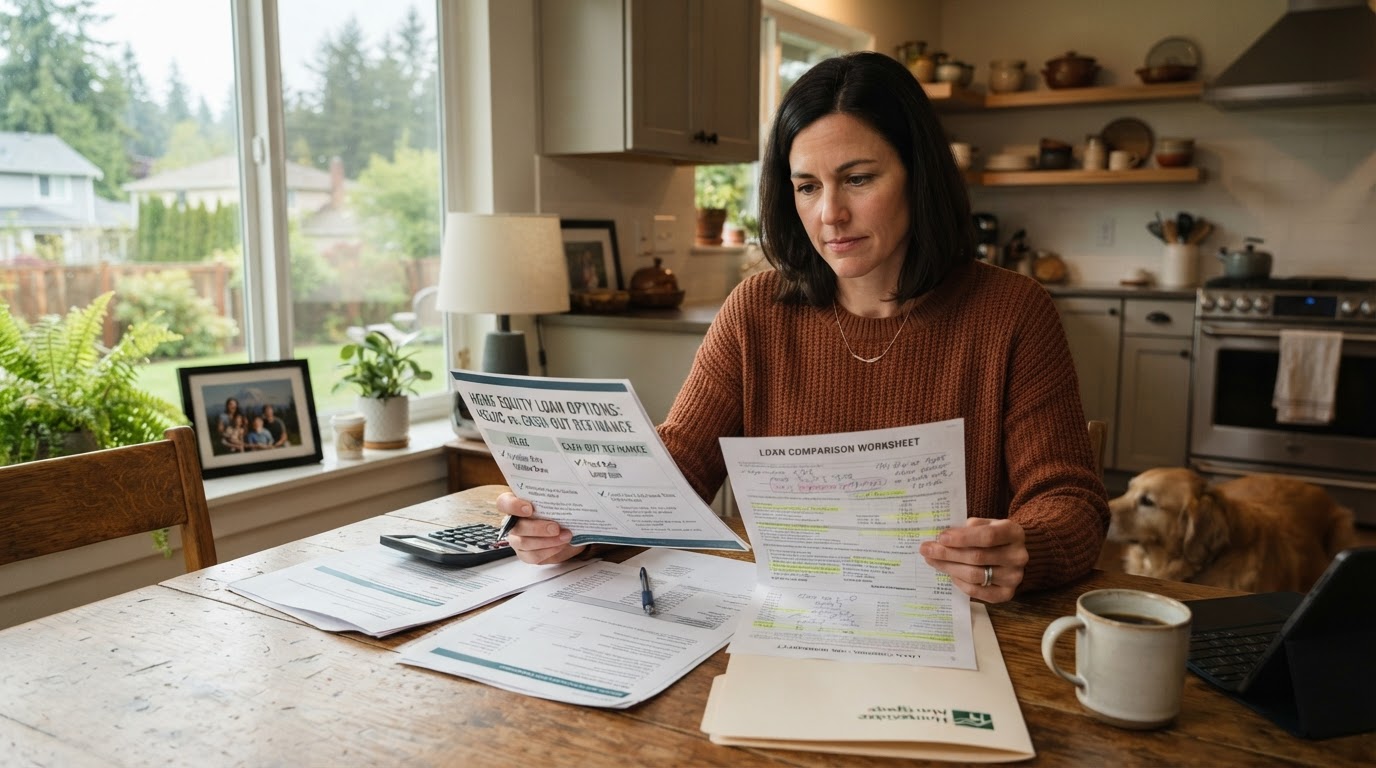 A Washington homeowner reviewing home equity loan documents at a kitchen table