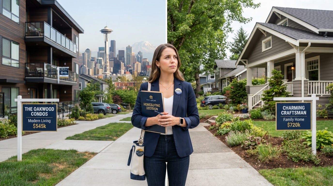 A first-time homebuyer in Washington State standing between a condo building and a single-family home, weighing the decision