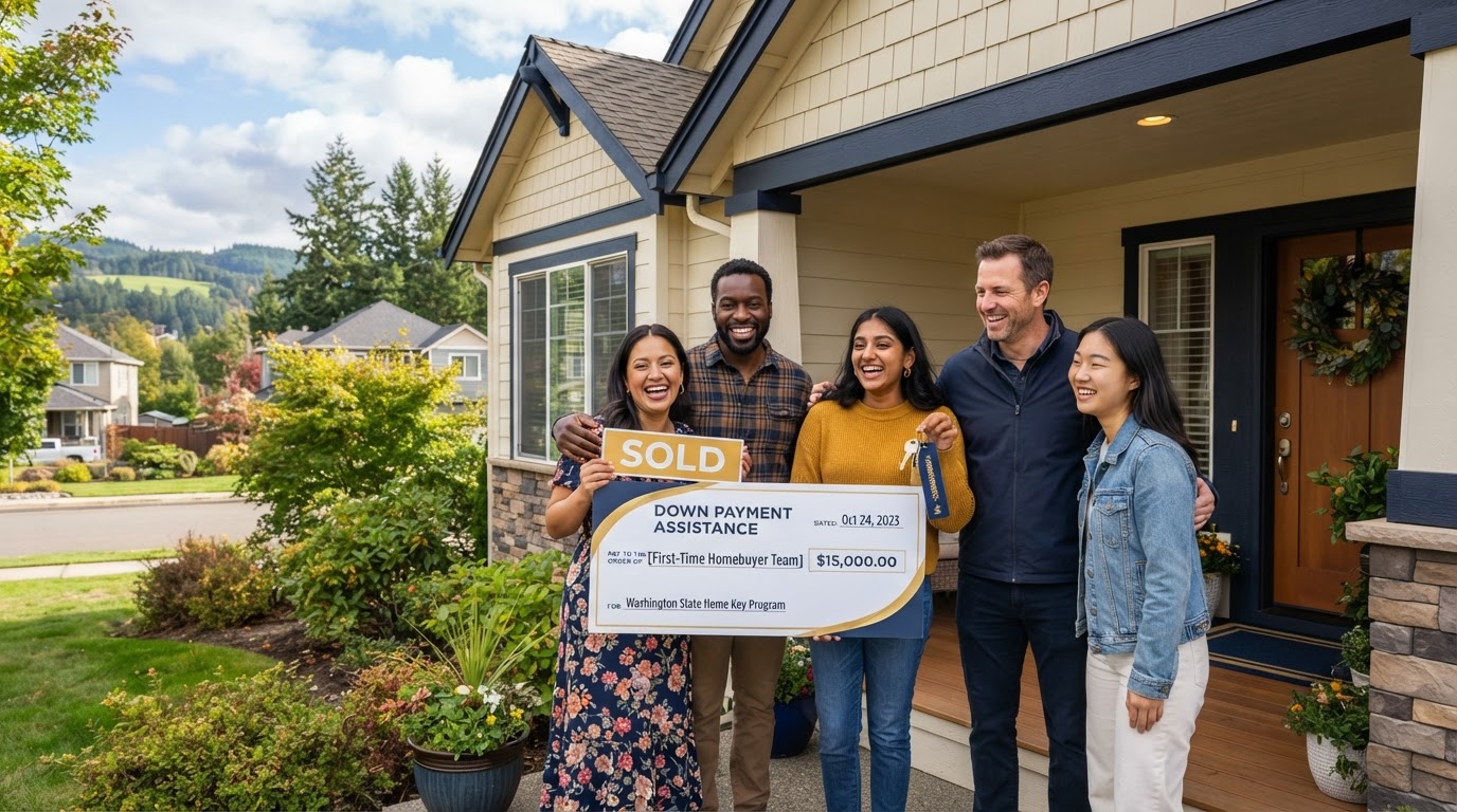 Diverse first-time homebuyers in Washington State with a down payment assistance check and house keys