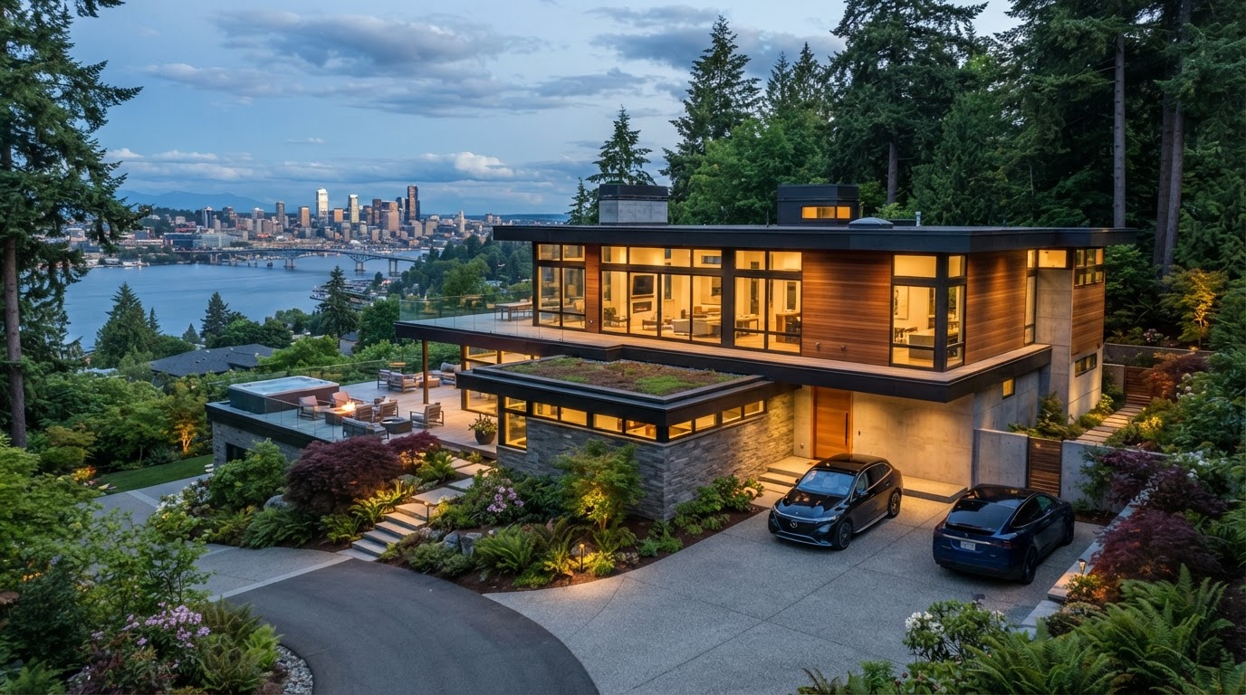 A modern luxury home in Bellevue, Washington with contemporary architecture