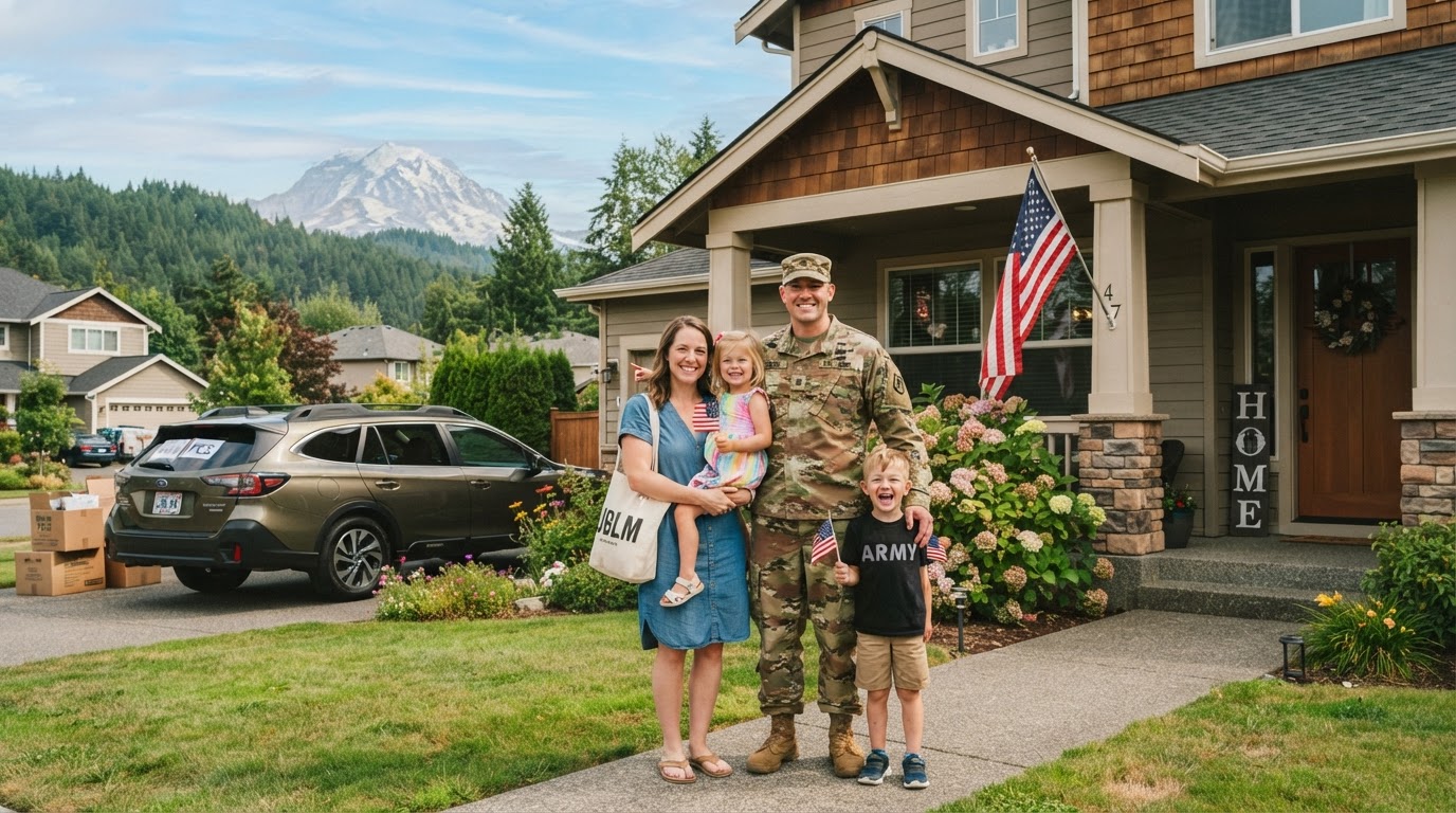 A military family with PCS orders standing in front of a new home near Joint Base Lewis-McChord, Washington