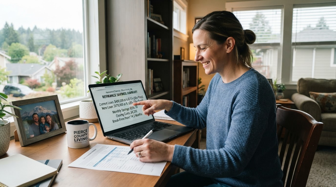 A Pierce County homeowner reviewing refinance savings on a laptop at home