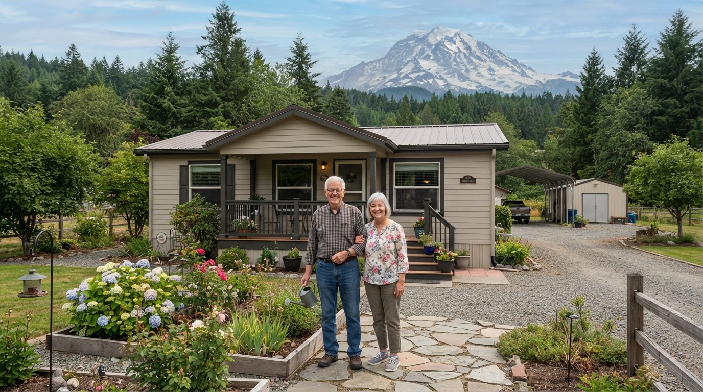 A retired couple in front of a manufactured home on owned land in Pierce County, Washington