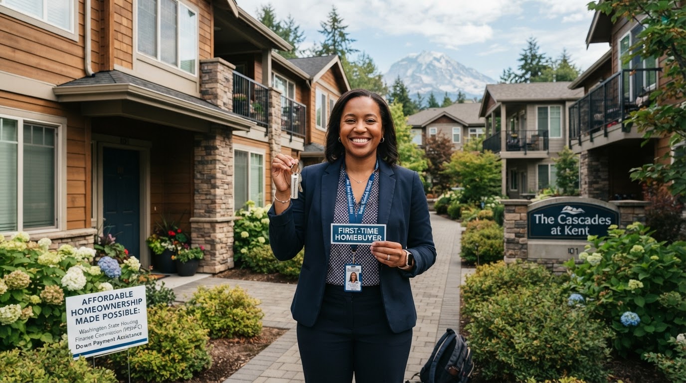 A teacher standing in front of a condo in Kent, Washington as a first-time homebuyer