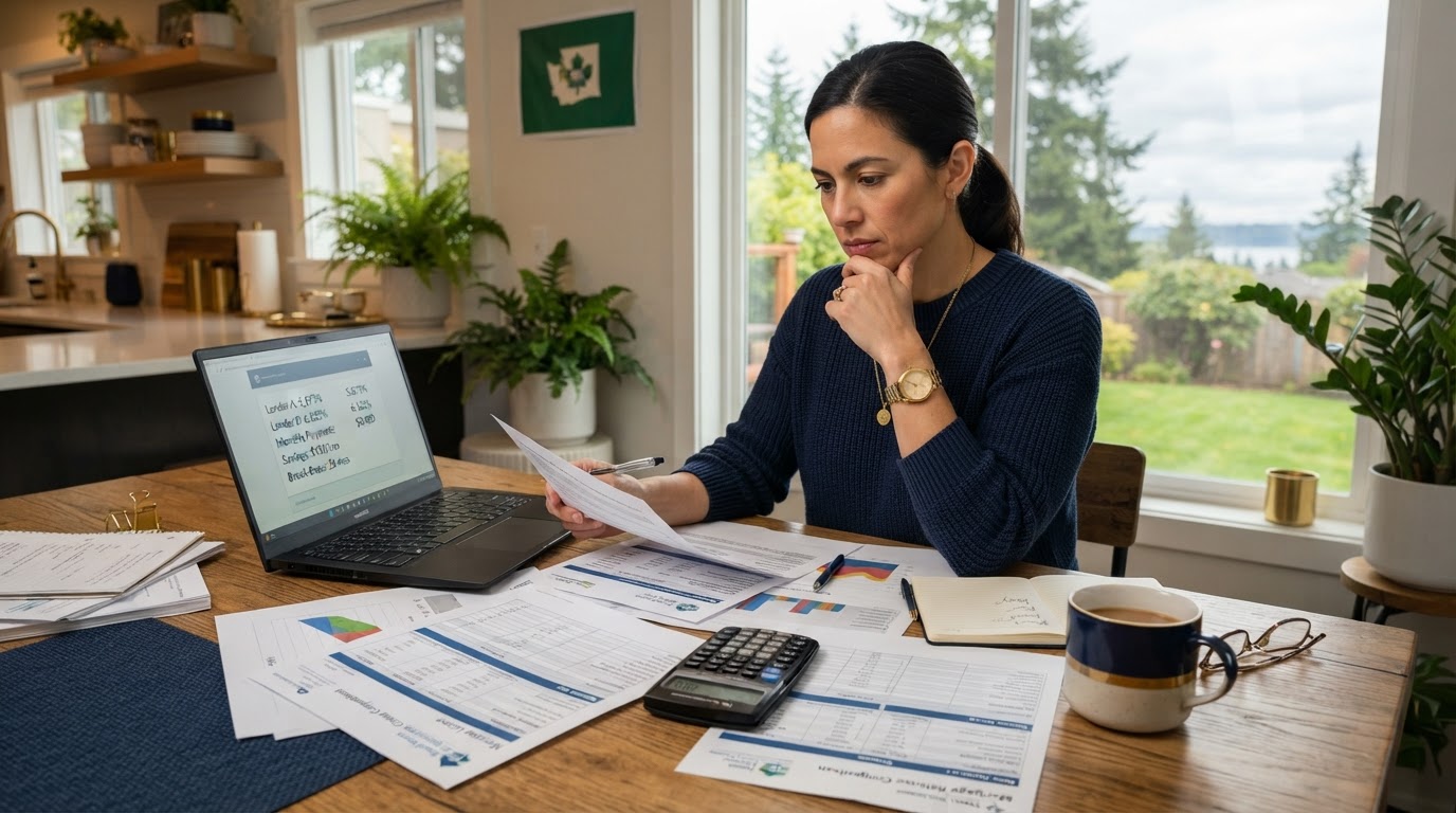 A Washington State homeowner at a kitchen table comparing refinance options with a calculator and mortgage documents