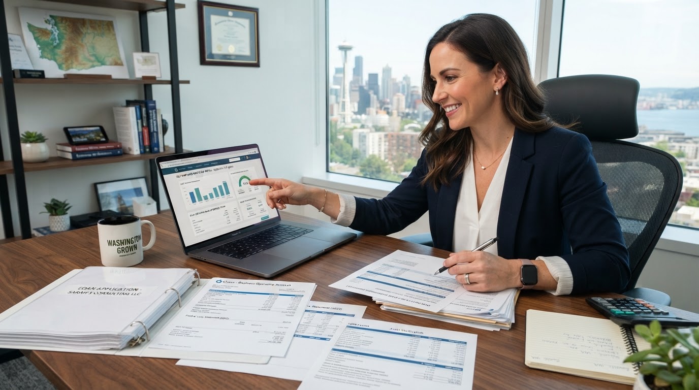 A self-employed business owner in Washington State working on a laptop with financial documents for a mortgage application