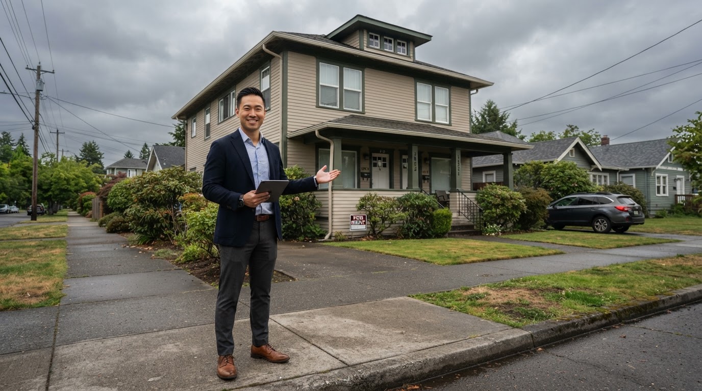 A real estate investor standing in front of a duplex rental property in Tacoma, Washington