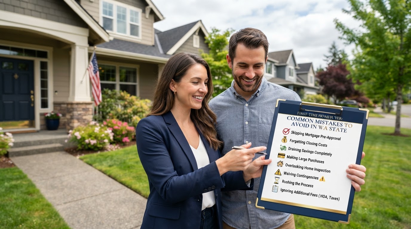 A first-time homebuyer in Washington State reviewing a checklist of common mistakes to avoid when buying a home