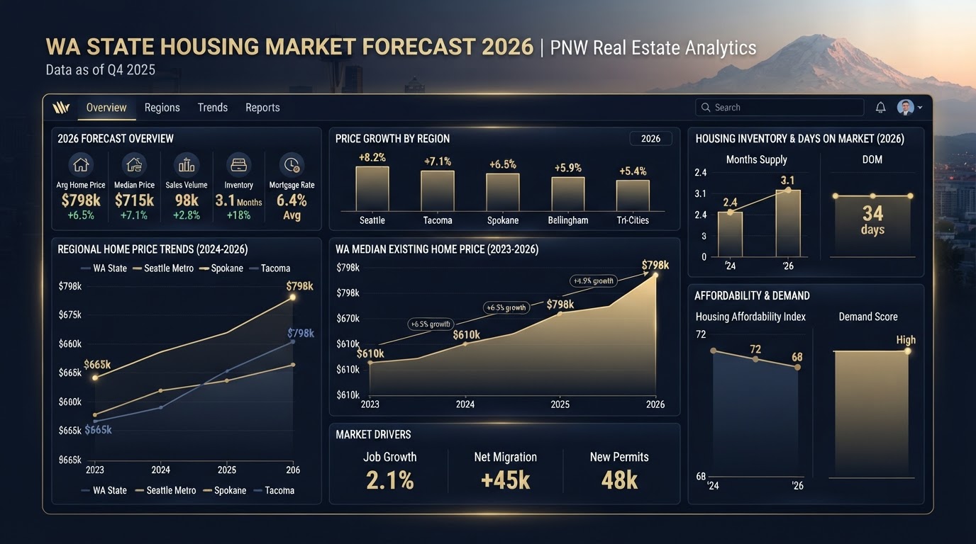 A modern Washington State housing market forecast dashboard showing home price trends and charts for 2026
