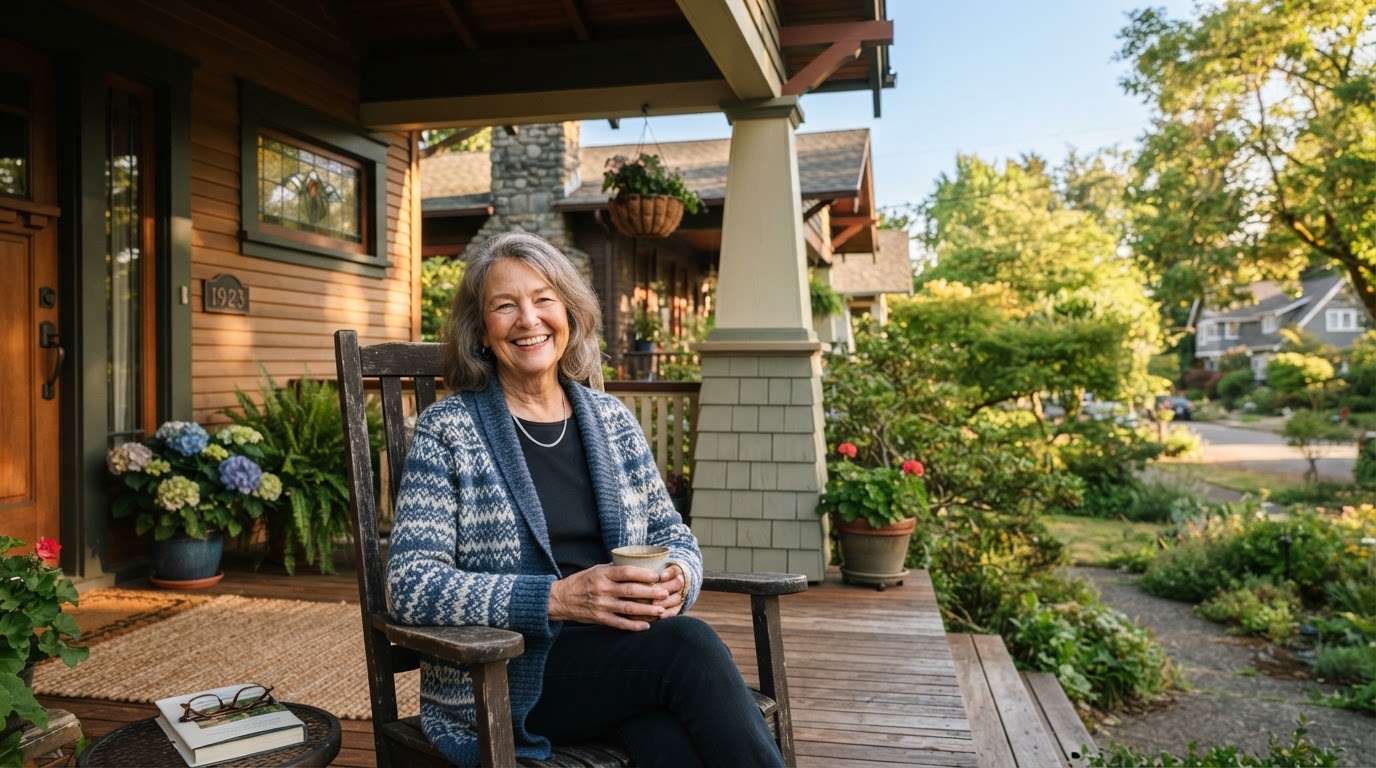 A senior woman smiling on the porch of her craftsman home in Tacoma, Washington