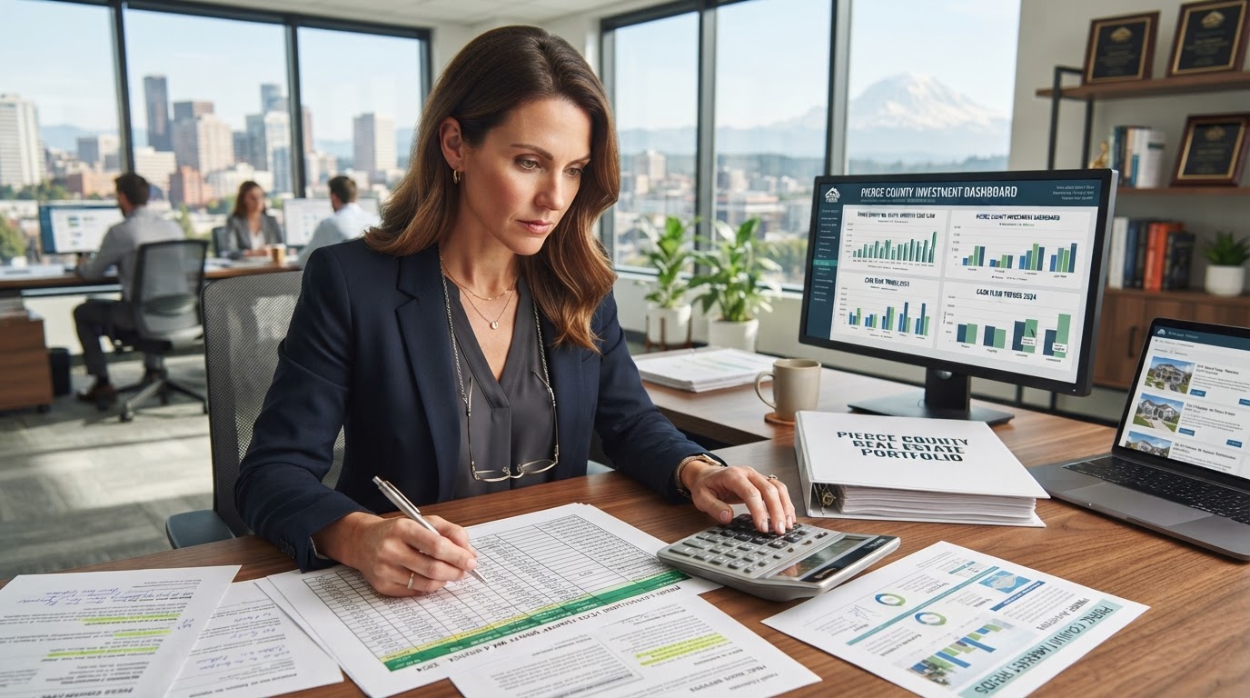 A real estate investor reviewing rental property cash flow documents with a calculator in Pierce County, Washington