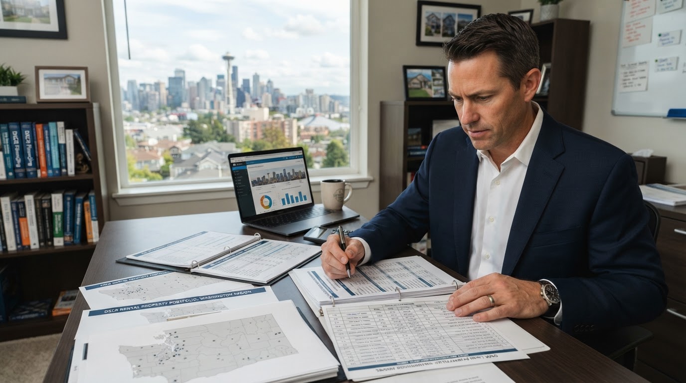 A real estate investor reviewing rental property portfolio documents in Washington
