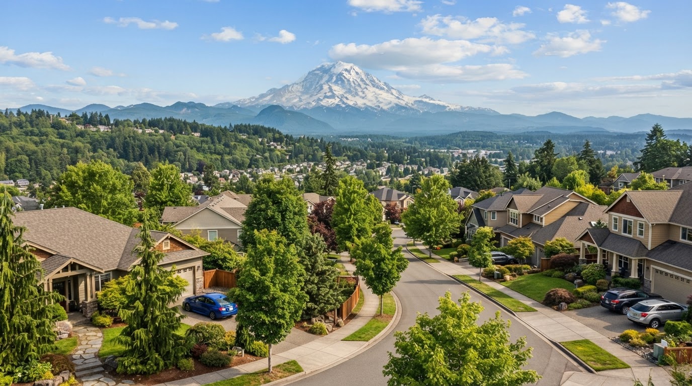 A scenic view of Puyallup, Washington with Mount Rainier in the background and suburban homes