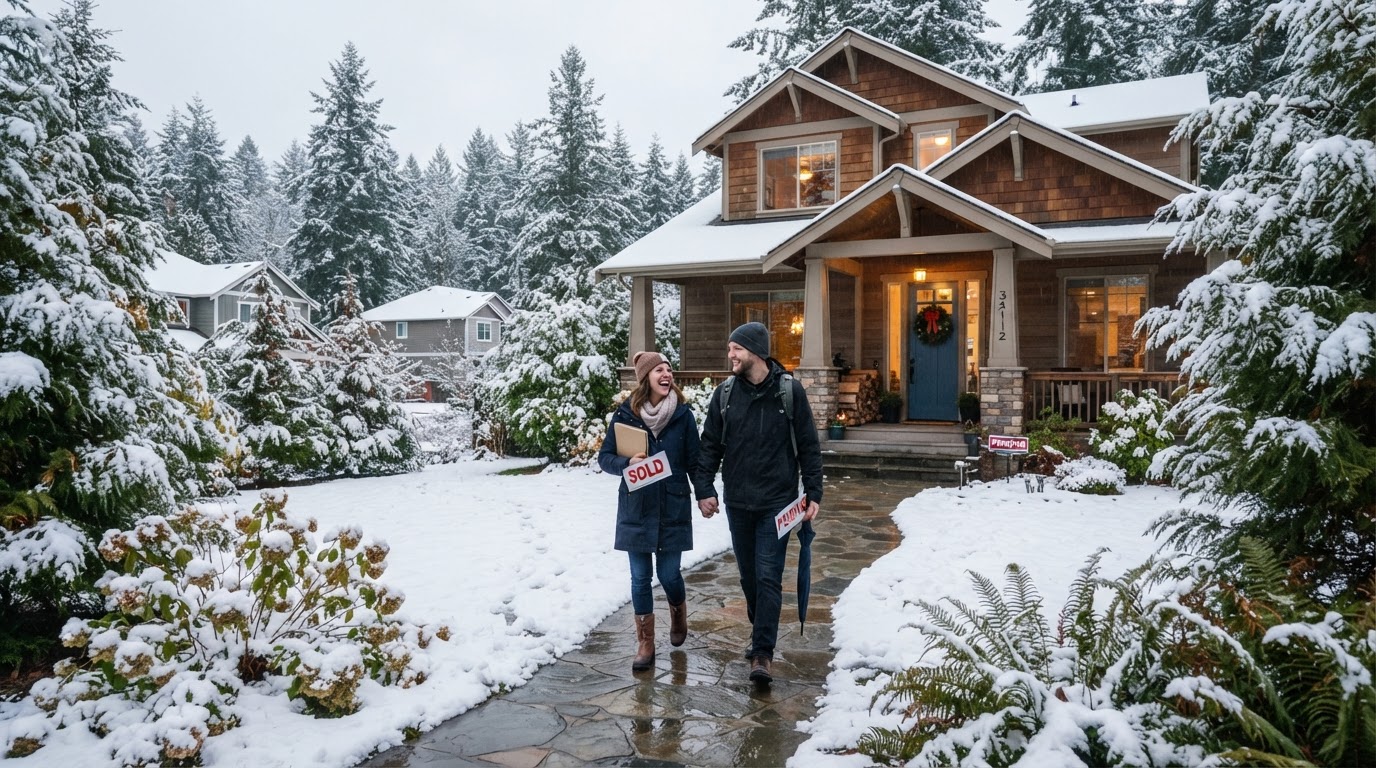 A couple walking up to a house with snow-dusted evergreen trees in Federal Way, Washington during winter, representing buying a home in the off-season
