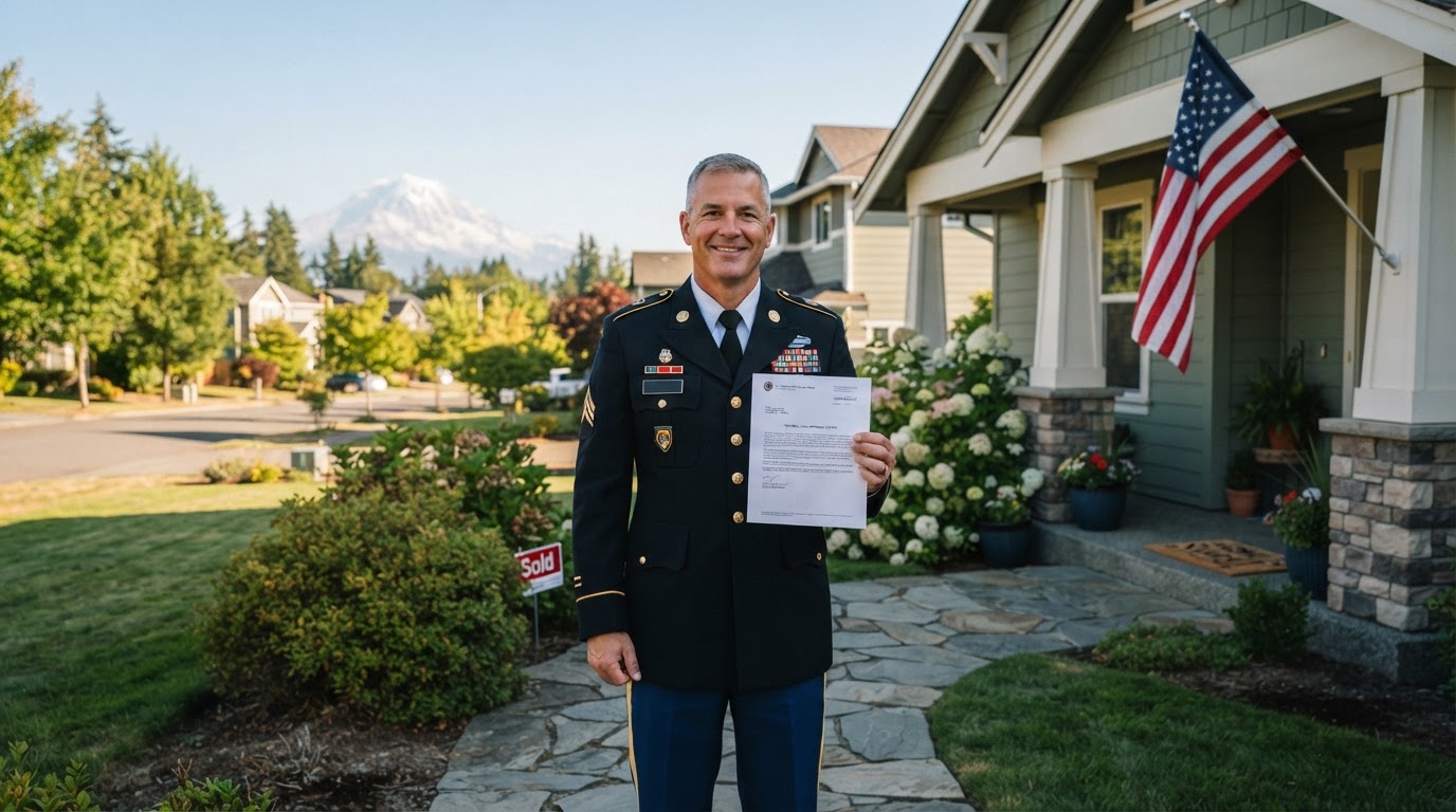 A veteran standing proudly in front of a suburban home in Puyallup, Washington with a VA loan approval letter