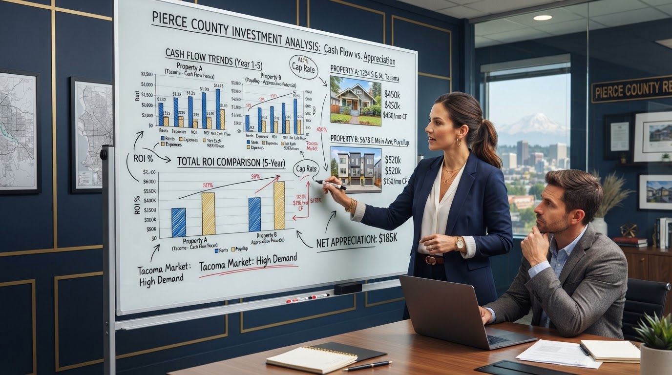 A real estate investor in Pierce County, Washington analyzing cash flow versus appreciation on a whiteboard with property photos