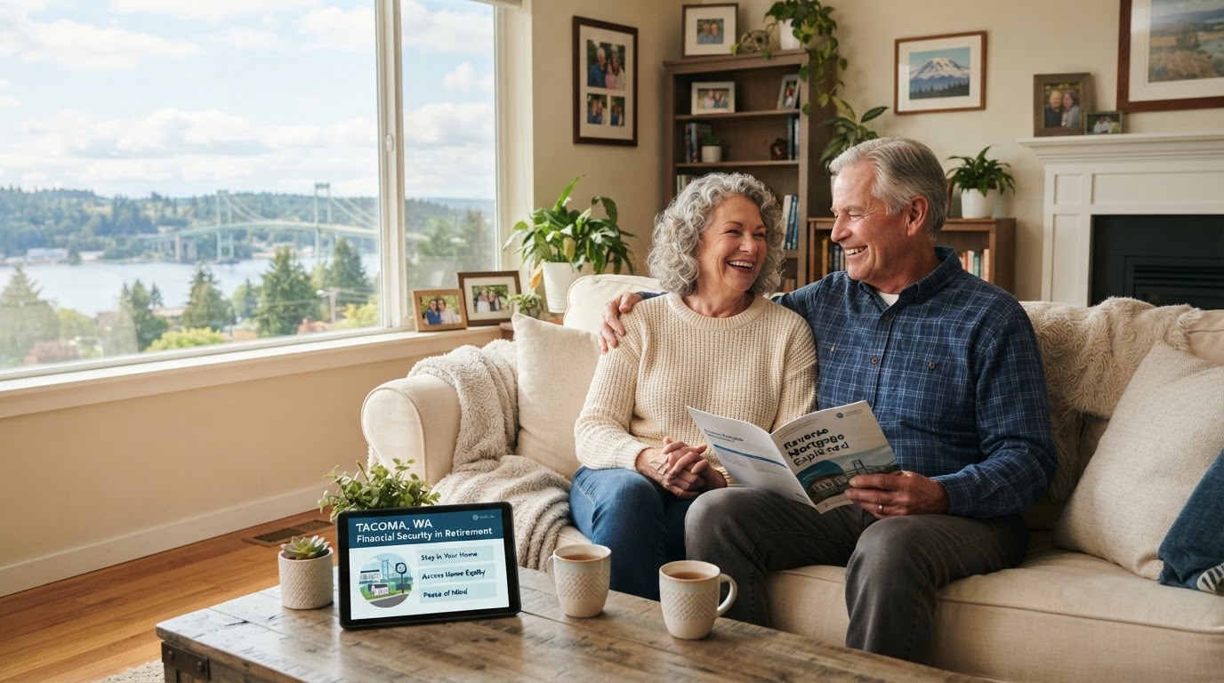 A senior couple in their 60s sitting comfortably in their Tacoma, Washington home looking relaxed and secure
