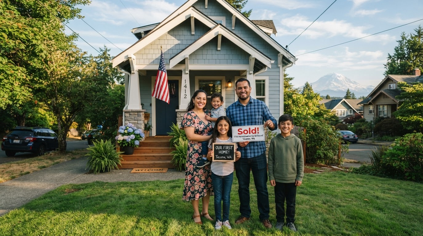 A Tacoma, Washington family standing proudly in front of their first home purchased with an ITIN mortgage