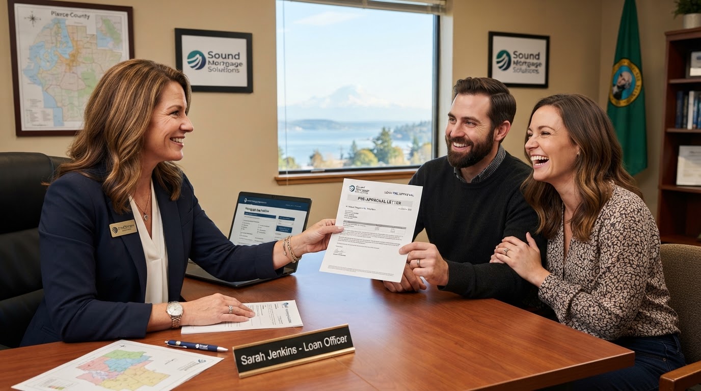 A mortgage loan officer handing a pre-approval letter to a homebuyer couple in a Pierce County, Washington office