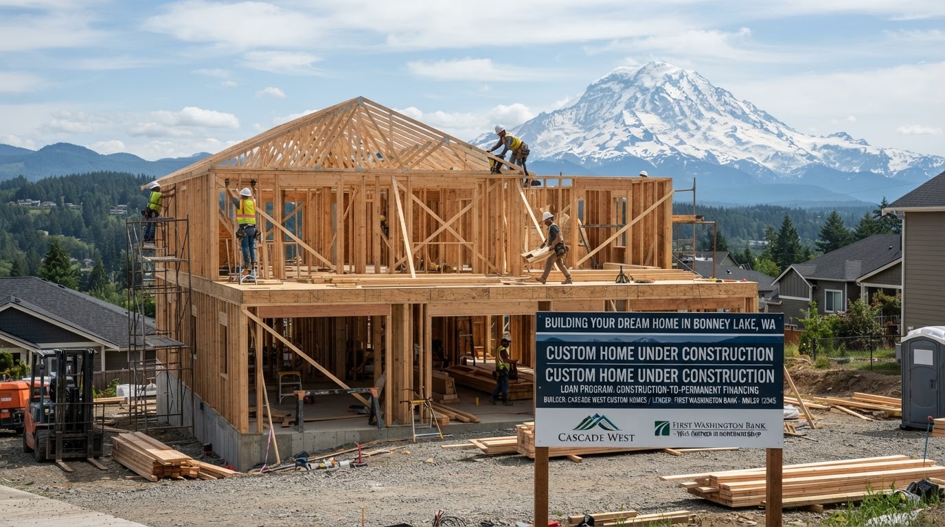 A custom home under construction in Bonney Lake, Washington with Mount Rainier in the background