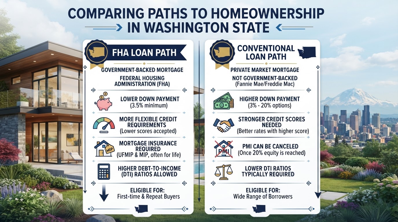 A comparison illustration showing FHA and conventional loan paths to homeownership in Washington State