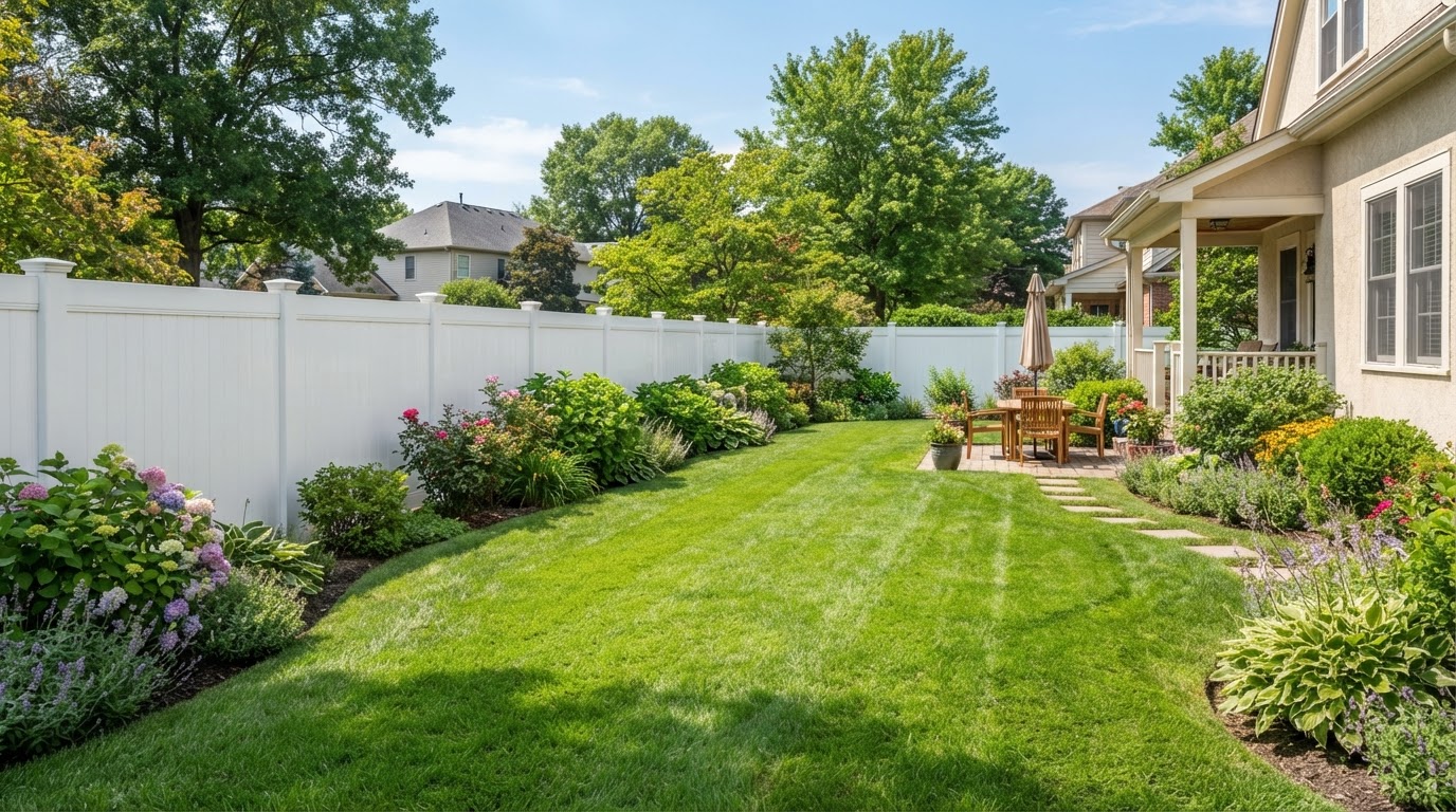 Clean residential privacy fence surrounding a manicured property