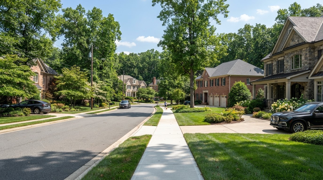 Large single-family homes with clean sidewalks and mature trees in Montgomery County, Maryland