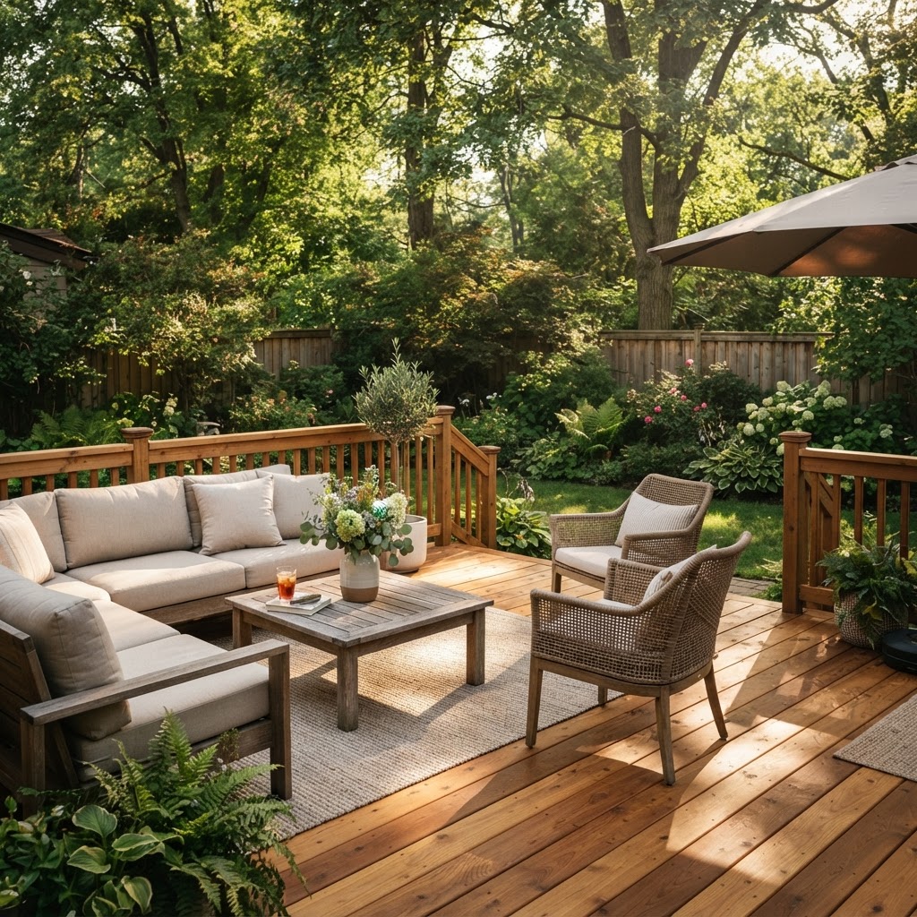 Freshly cleaned wooden backyard deck with natural wood tone and patio furniture