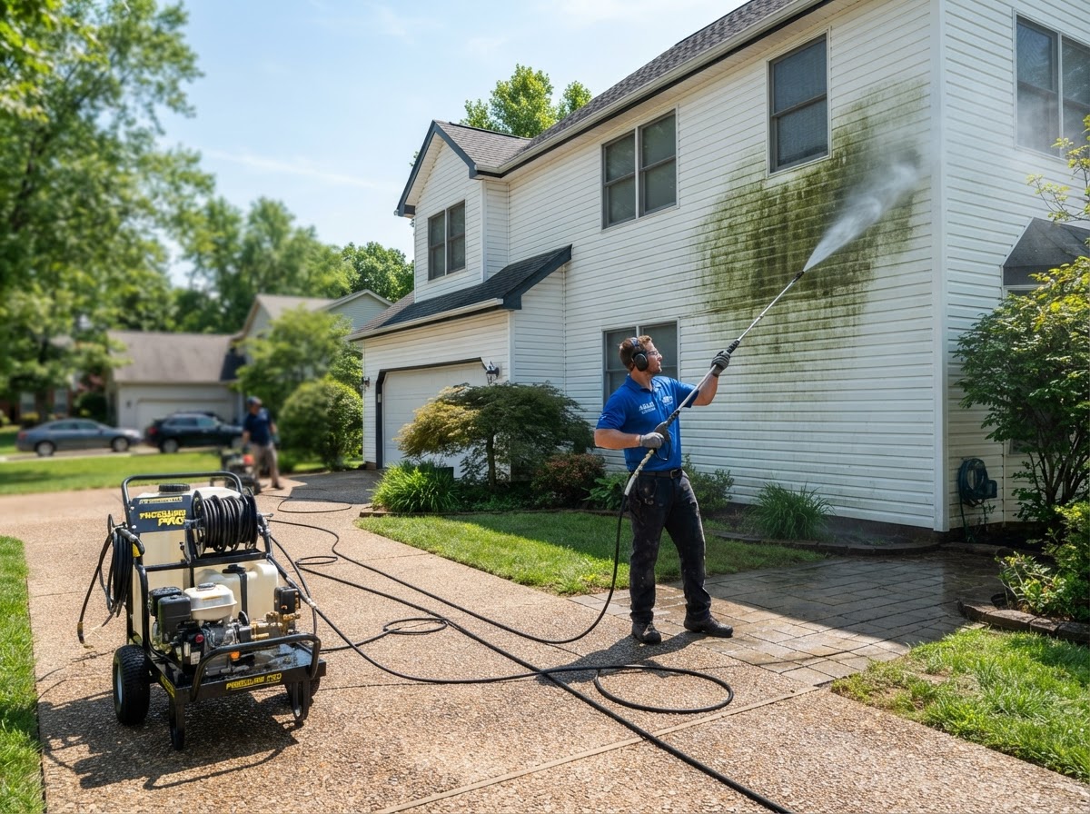 Hiligh Qualified crew member pressure washing the siding of a two-story suburban home on a sunny day
