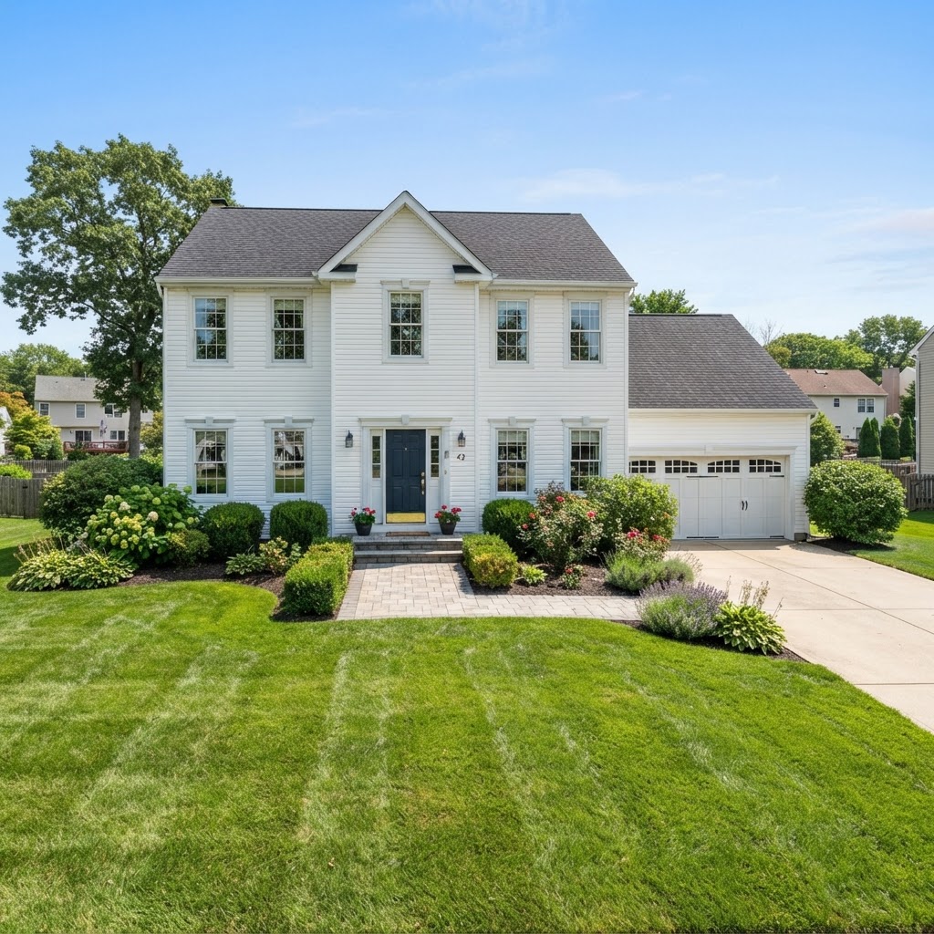 Two-story suburban home with clean white siding after professional soft washing