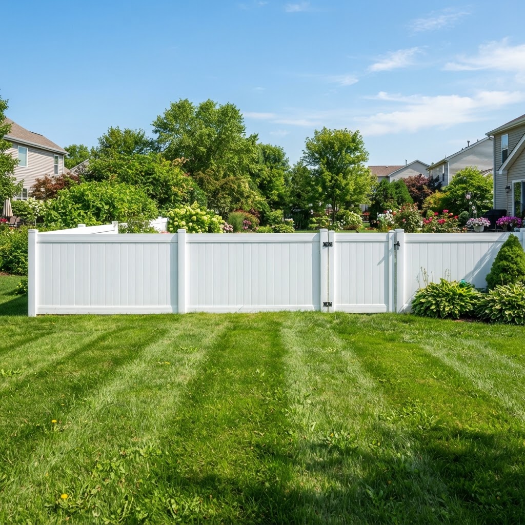 Clean white vinyl residential fence bordering a suburban backyard