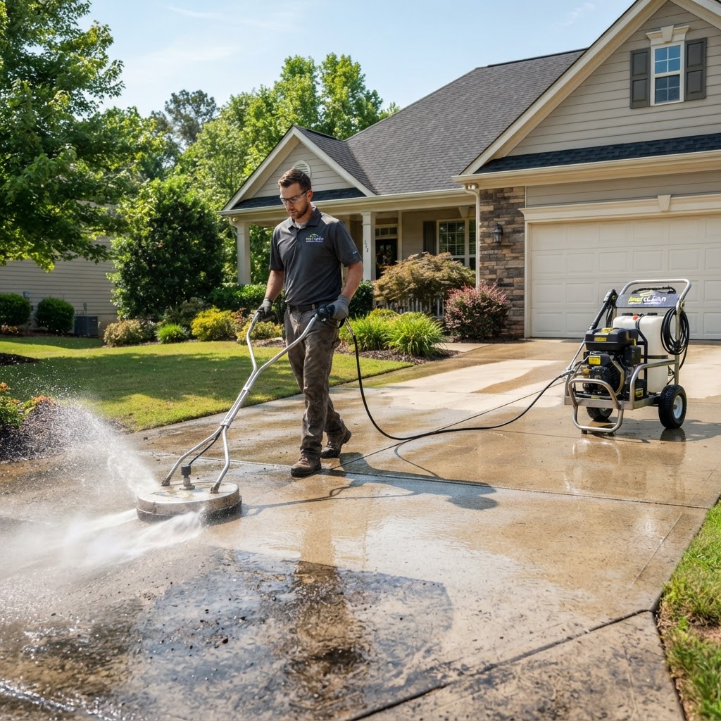 Pressure washing a residential concrete driveway on a sunny day