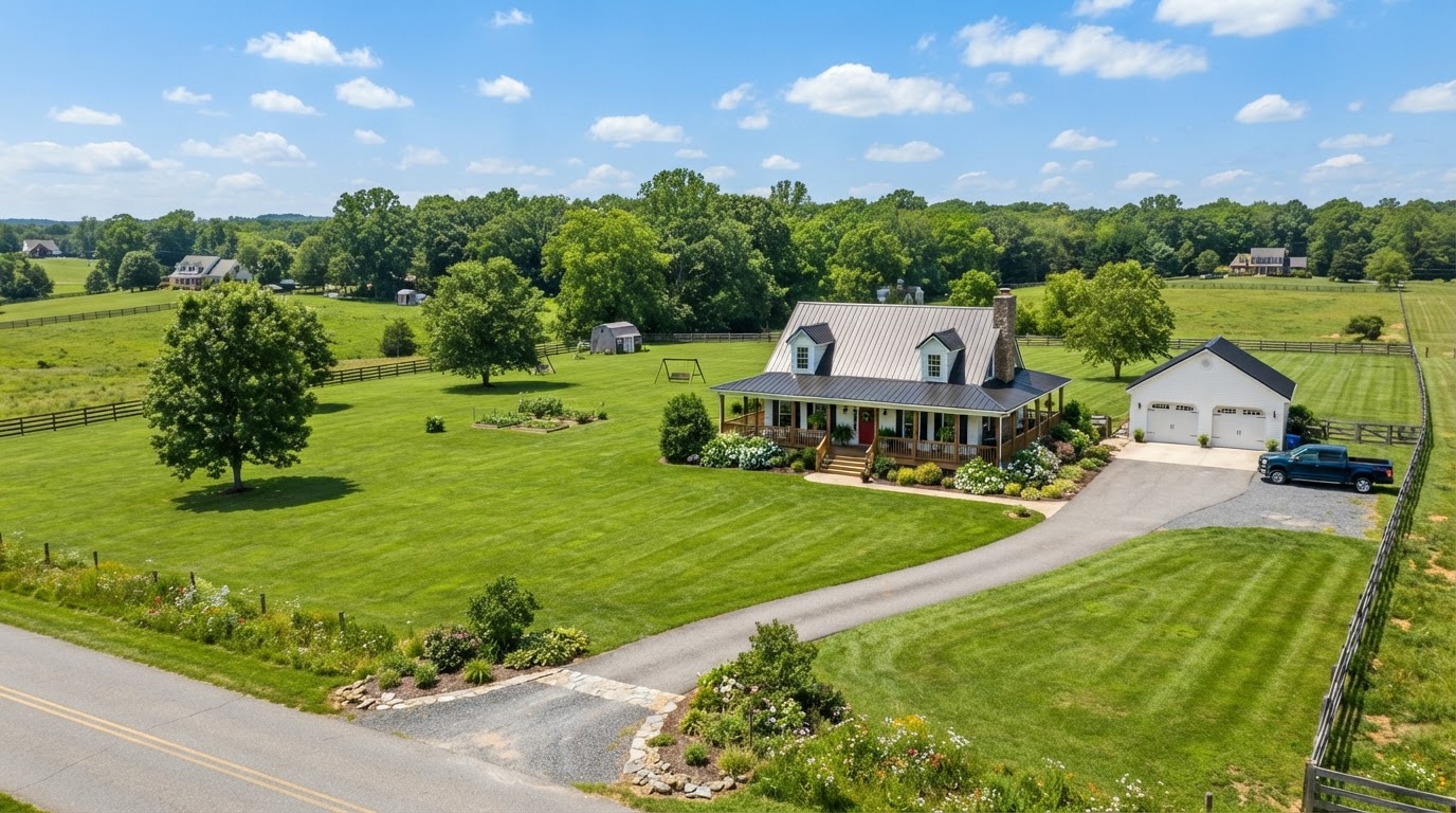 Farmhouse exterior with a long clean driveway and open green yard in Southern Maryland