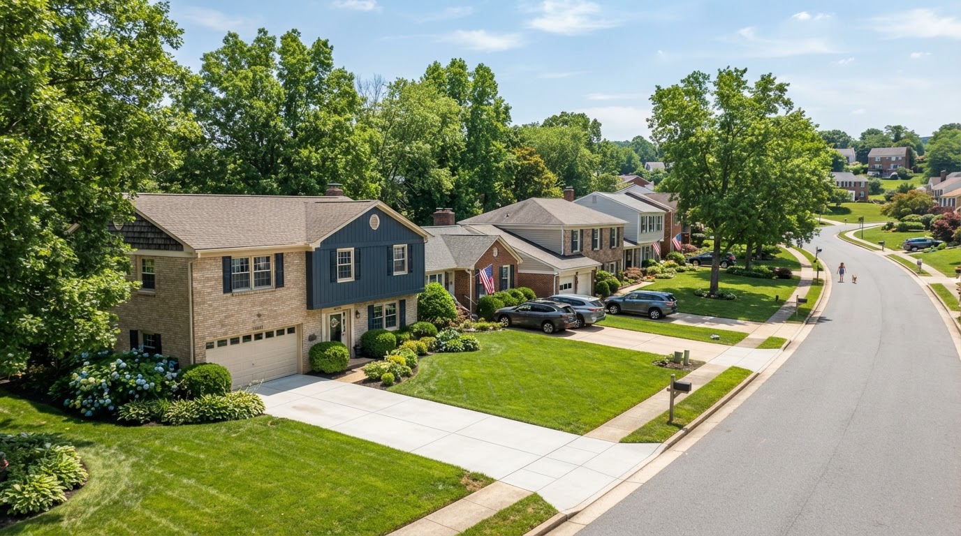Split-level homes with clean driveways and manicured lawns in Prince George's County, Maryland