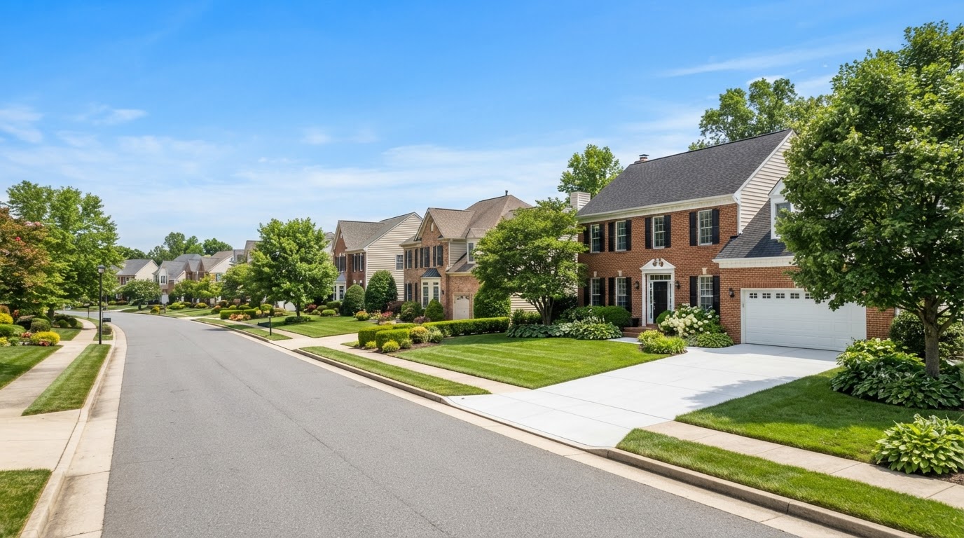 Colonial homes with clean concrete driveways and neat landscaping in Fairfax, Virginia