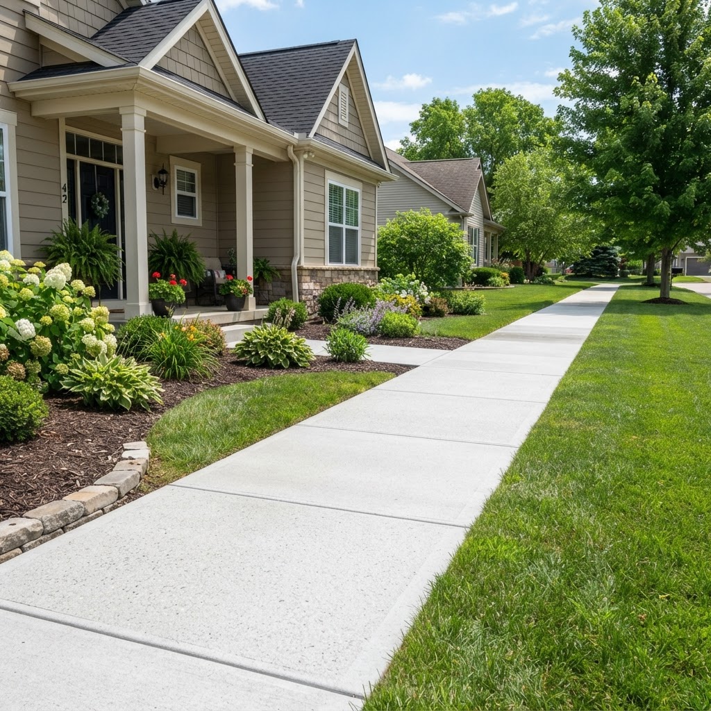 Clean residential concrete sidewalk after pressure washing beside a suburban home