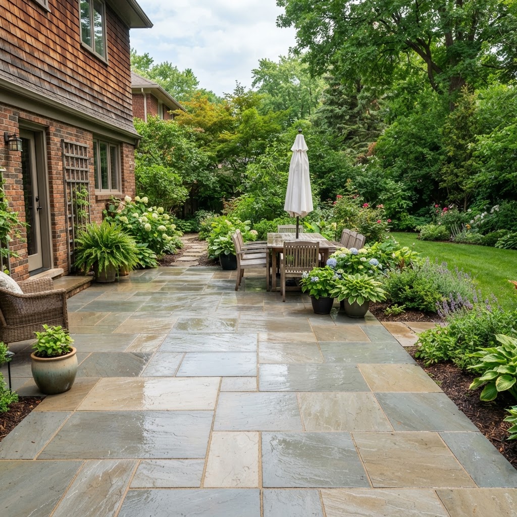 Freshly pressure-washed stone paver patio in a suburban backyard