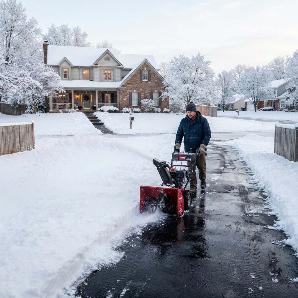Residential driveway freshly cleared of snow with a snow blower