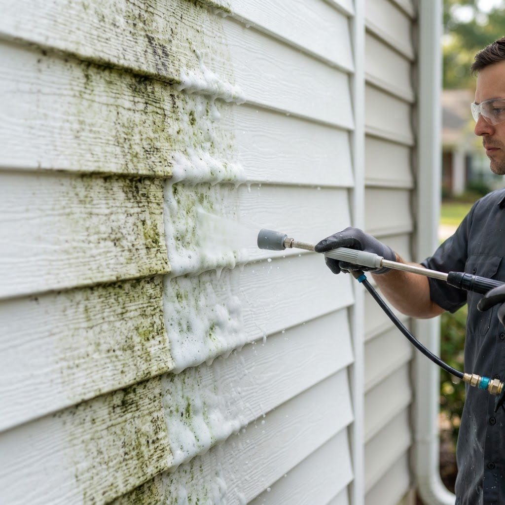 Low-pressure soft washing removing green algae from white house siding