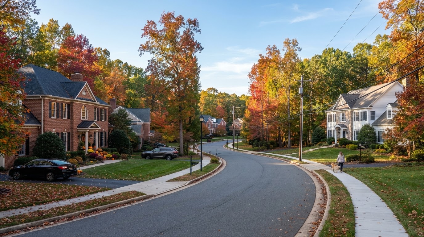 Large colonial homes with clean walkways and wooded lots in Northern Virginia