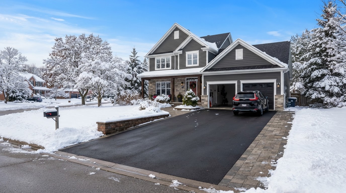 Clean cleared residential driveway and walkway after winter snowfall