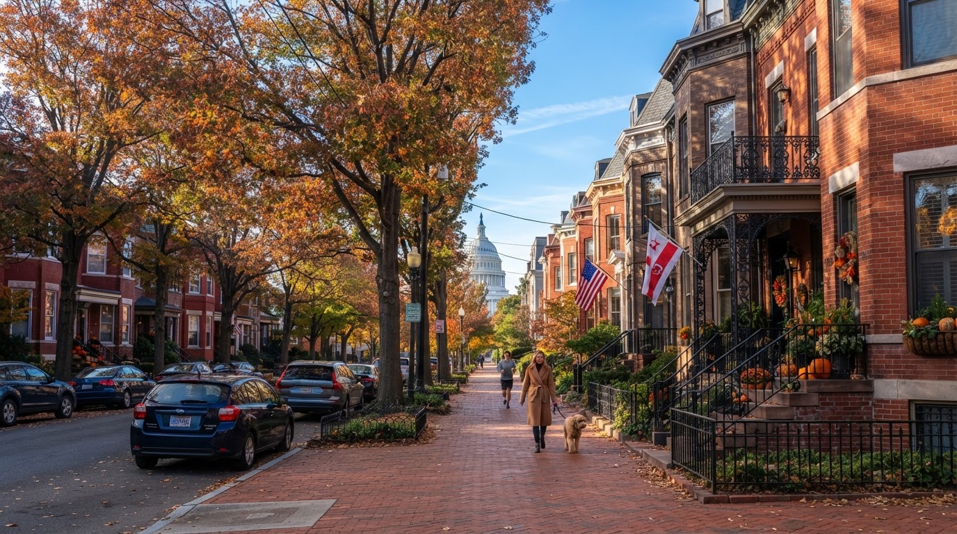 Tidy brick rowhouses and tree-lined sidewalk in a Washington DC neighborhood